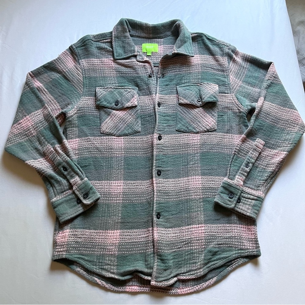 HUF pink green plaid flannel long sleeve button up‎ shirt jacket shacket